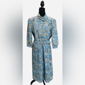 Vintage 80s Blue Paisley Long Sleeve Pleated Dress